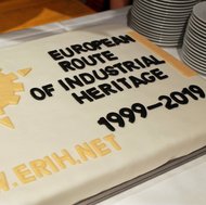 Cake commemorating the 20th anniversary of ERIH, bearing the inscription "European Route of Industrial Heritage 1999-2019" plus logo and internet address www.erih.net
